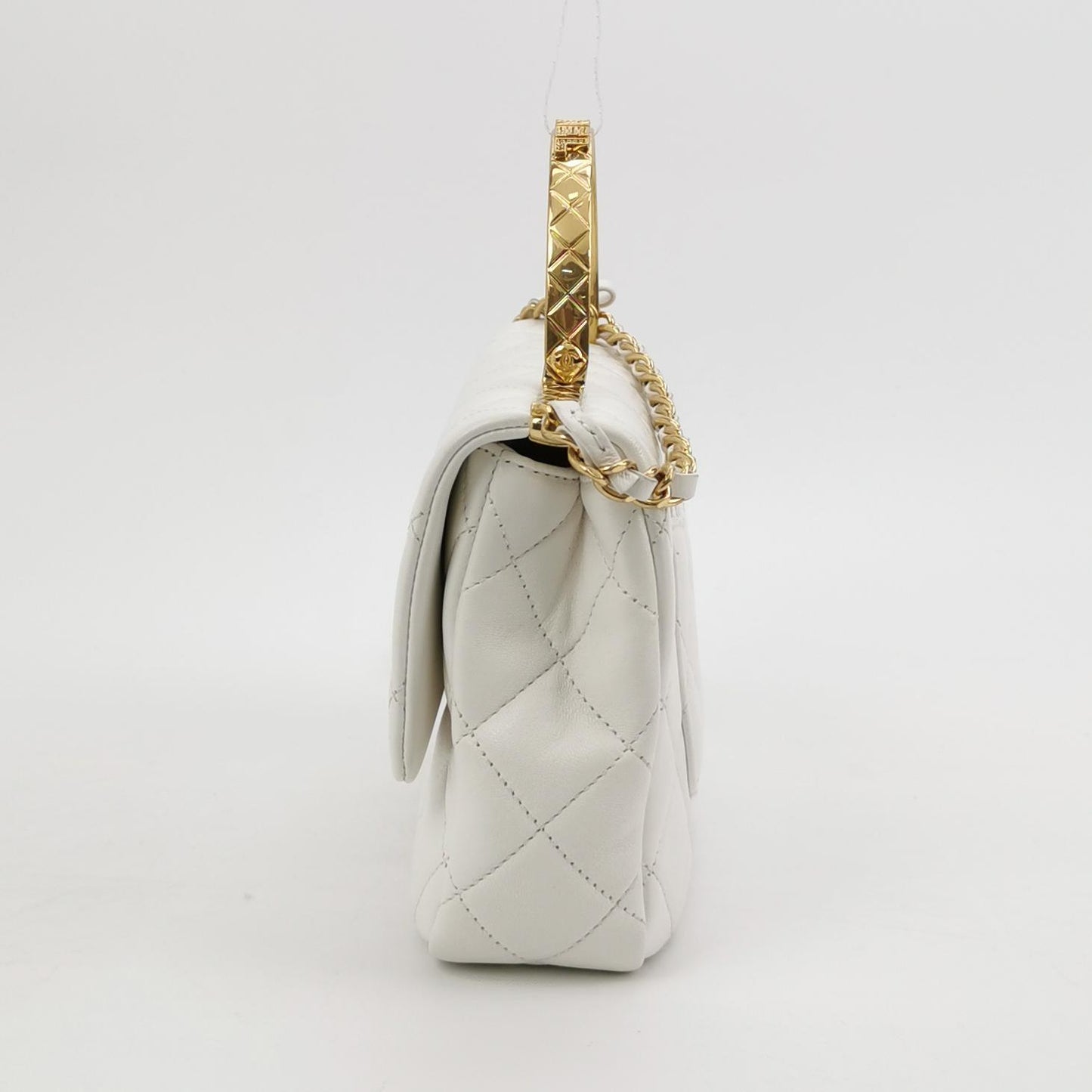 CHANEL WHITE QUILTED LAMBSKIN LEATHER CC CHAIN TOP HANDLE FLAP BAG
