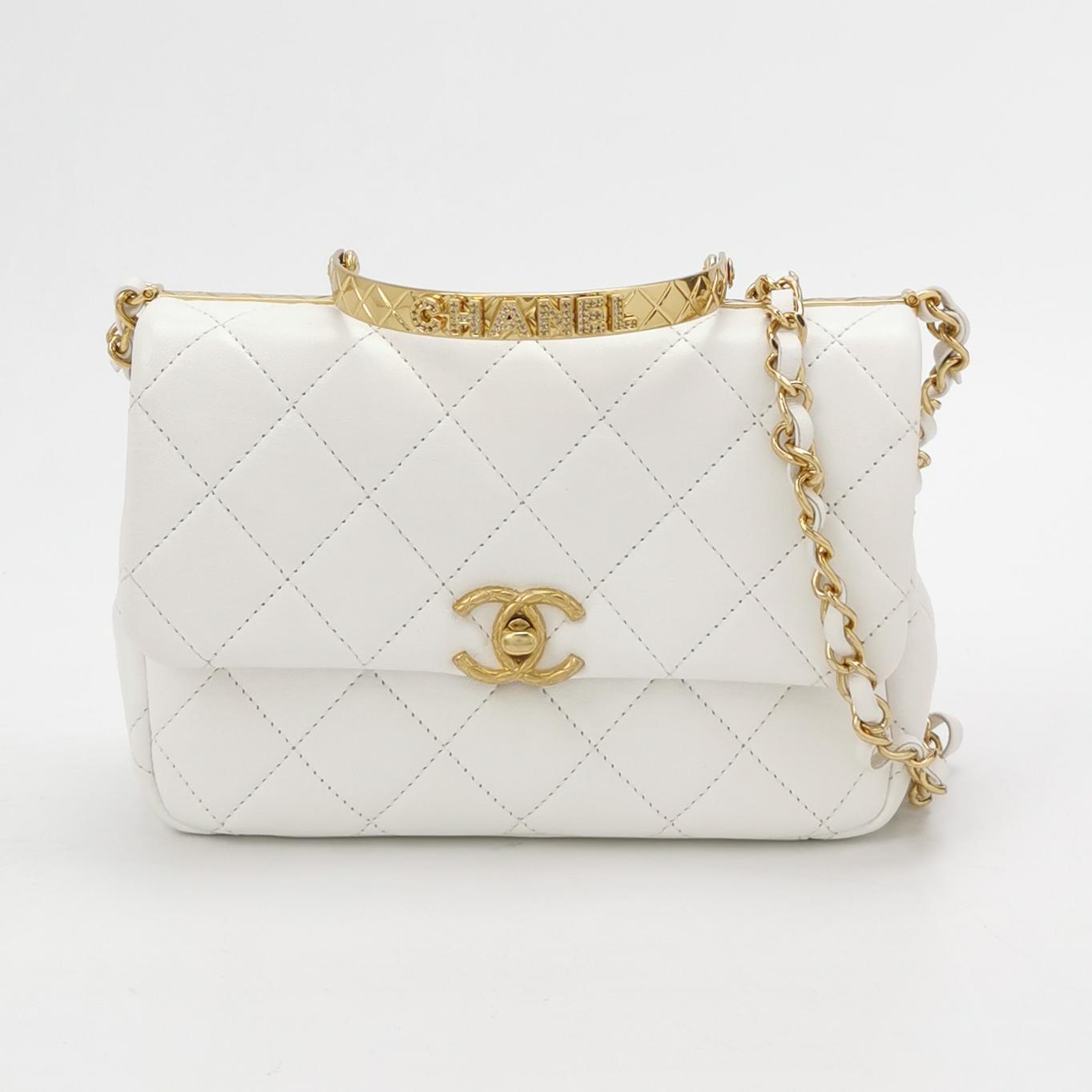 CHANEL WHITE QUILTED LAMBSKIN LEATHER CC CHAIN TOP HANDLE FLAP BAG