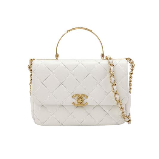 CHANEL WHITE QUILTED LAMBSKIN LEATHER CC CHAIN TOP HANDLE FLAP BAG